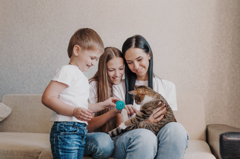 Bellissima famiglia felice, mamma e due bambini che giocano con un gatto seduti sul divano.